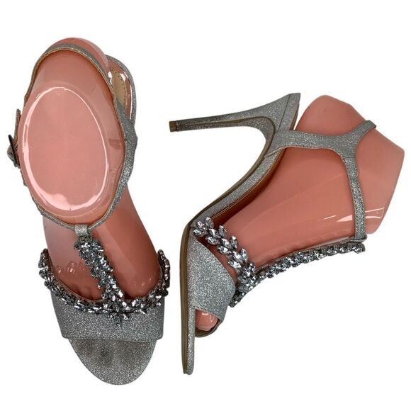 Badgley Mischka Jewel Embellished Silver Glitter High Heel Sandals Women's 7 - Picture 1 of 12